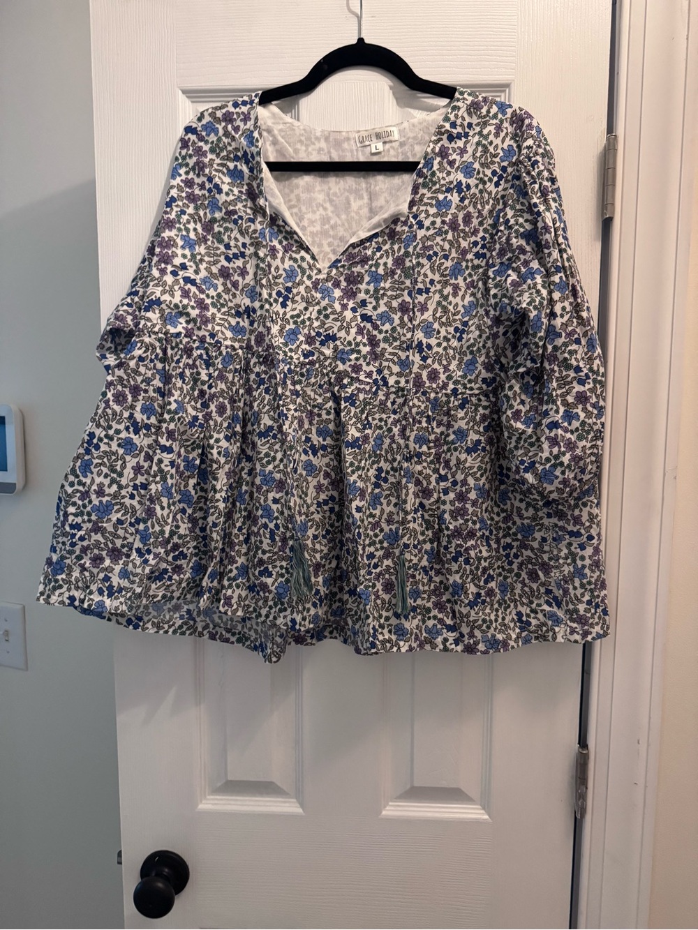 Blue Floral V-Neck Peplum Blouse